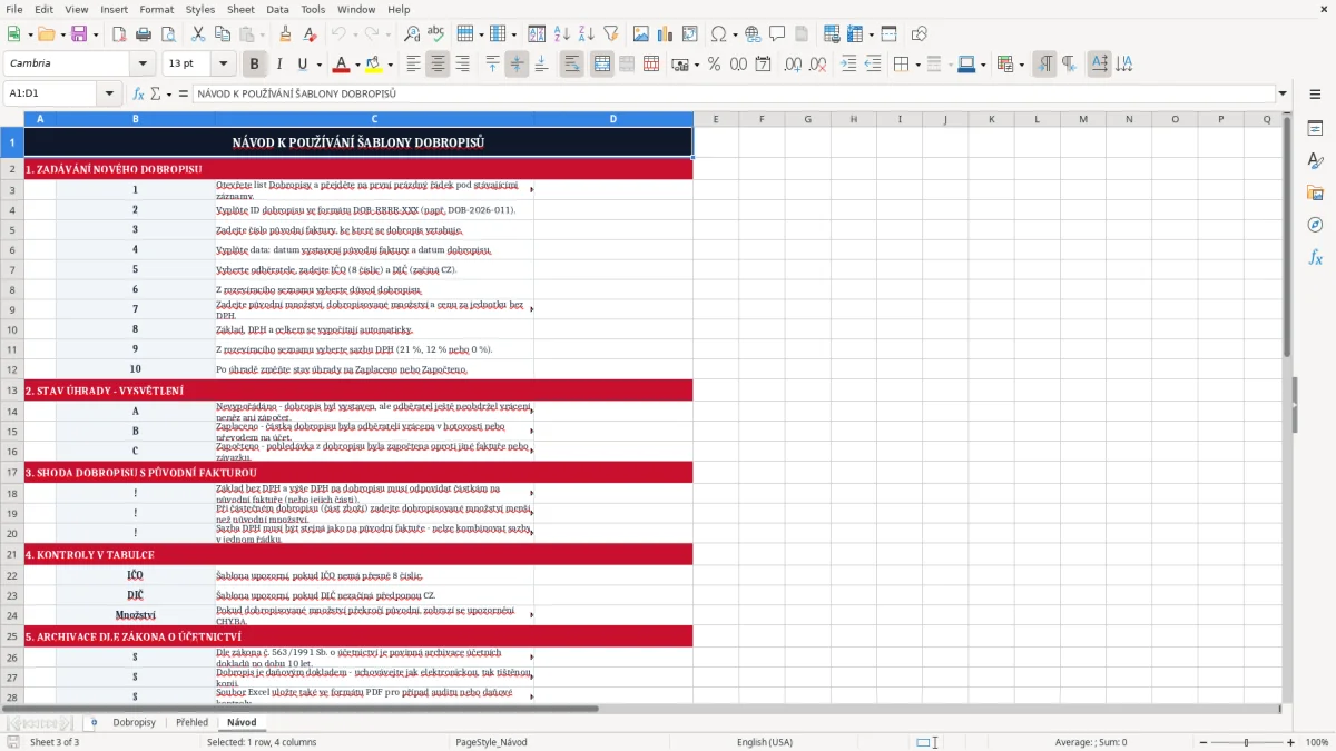 Snímek obrazovky 3: list Návod - Excelová šablona dobropis k vydané faktuře excel šablona