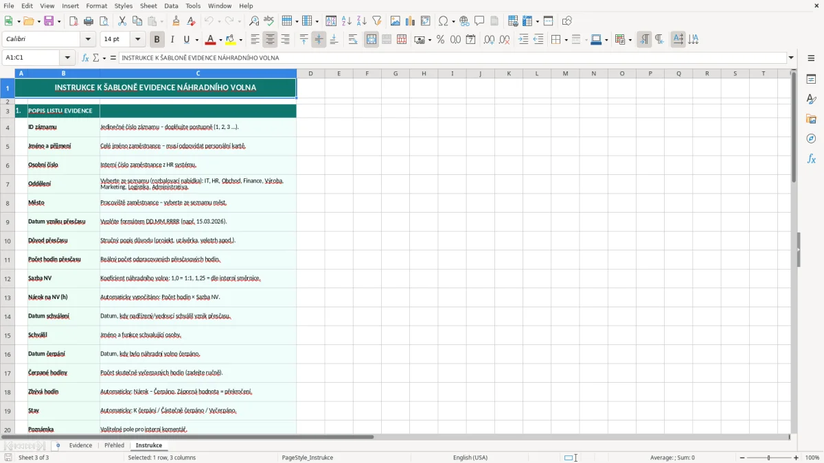 Snímek obrazovky 3: list Instrukce - Excelová šablona evidence náhradního volna excel šablona