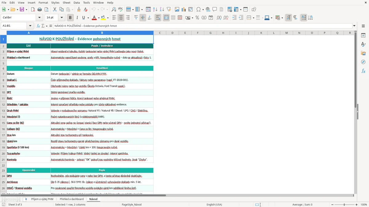 Snímek obrazovky 3: list Návod - Excelová šablona evidence pohonných hmot excel šablona