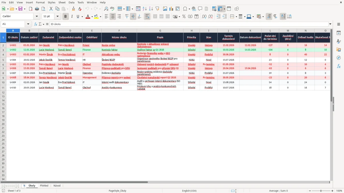 Snímek obrazovky 1: list Úkoly - Excelová šablona evidence úkolů s prioritami excel šablona