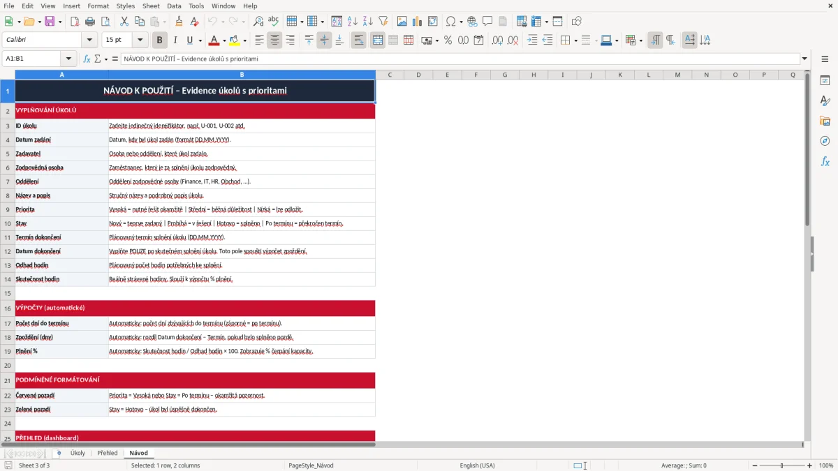 Snímek obrazovky 3: list Návod - Excelová šablona evidence úkolů s prioritami excel šablona