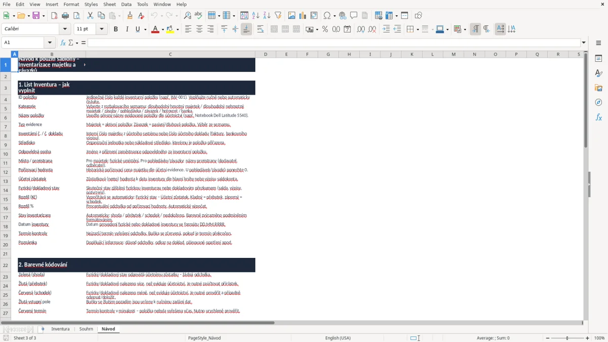Snímek obrazovky 3: list Návod - Excelová šablona inventarizace majetku a závazků excel šablona