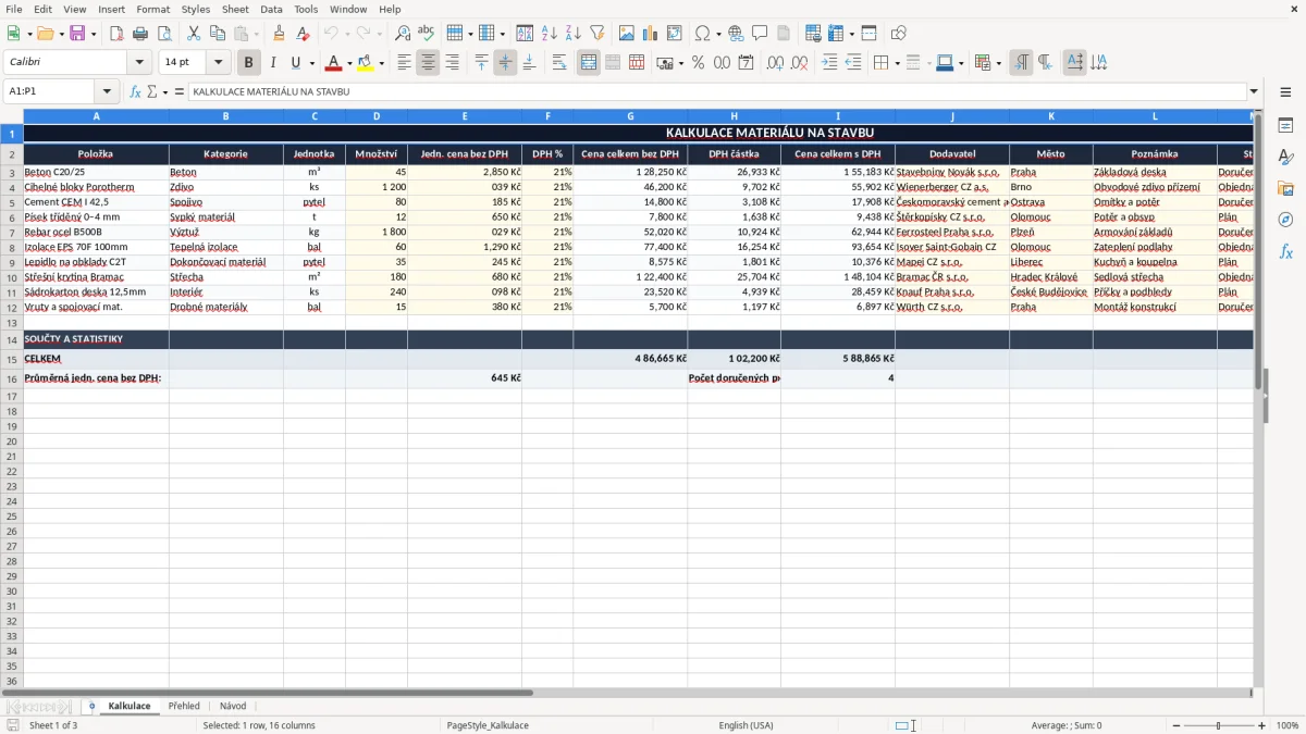 Snímek obrazovky 1: list Kalkulace - Excelová šablona kalkulace materiálu na stavbu excel šablona