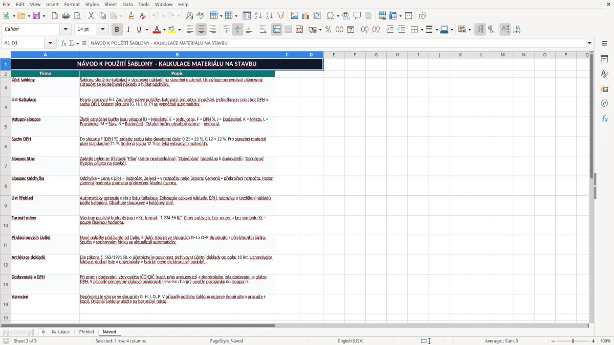 Snímek obrazovky 3: list Návod - Excelová šablona kalkulace materiálu na stavbu excel šablona