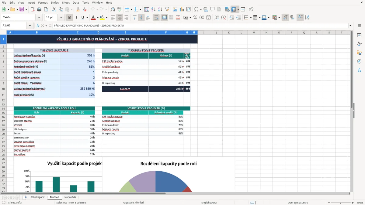 Snímek obrazovky 2: list Přehled - Excelová šablona kapacitní plánování zdrojů projektu excel šablona