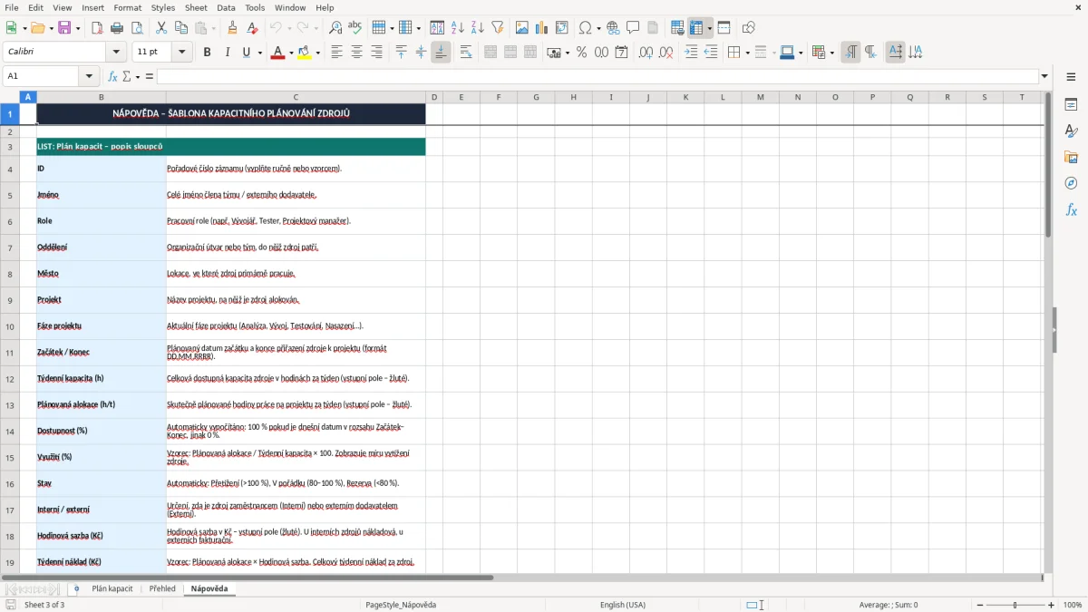 Snímek obrazovky 3: list Nápověda - Excelová šablona kapacitní plánování zdrojů projektu excel šablona