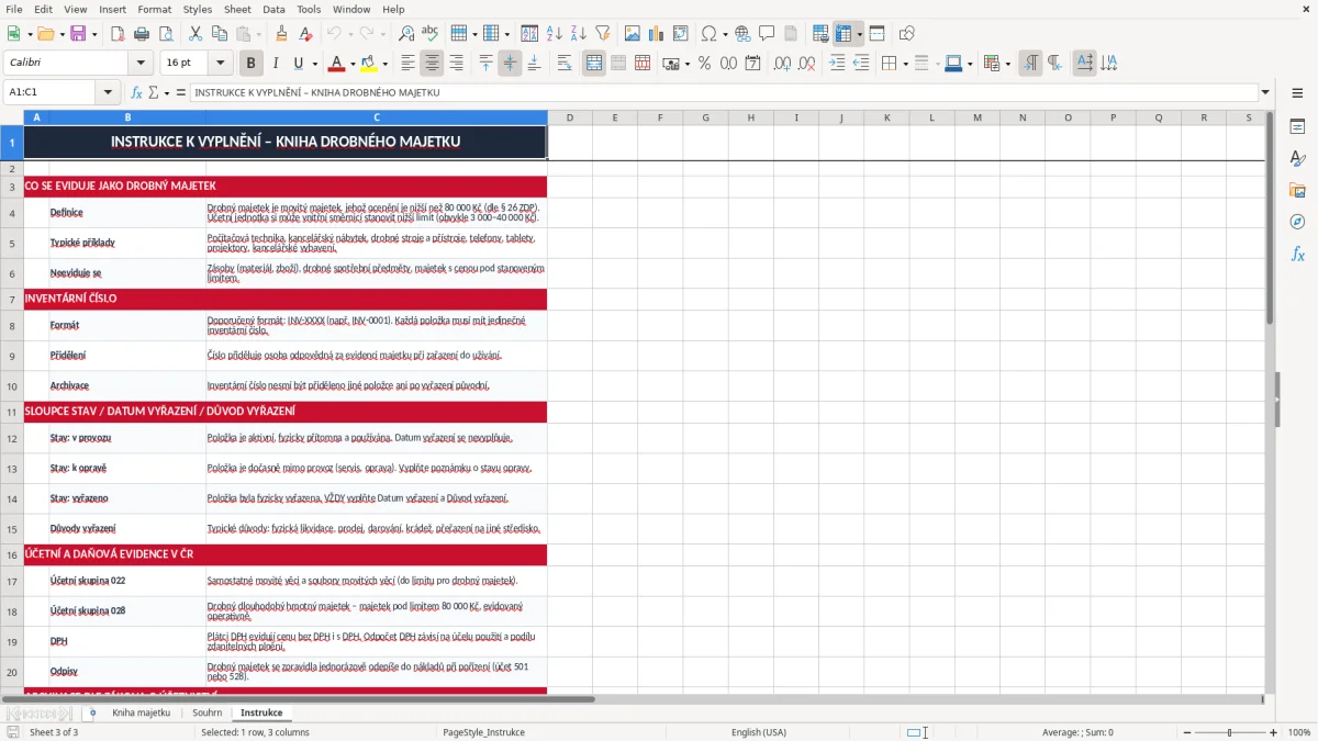 Snímek obrazovky 3: list Instrukce - Excelová šablona kniha drobného majetku excel šablona