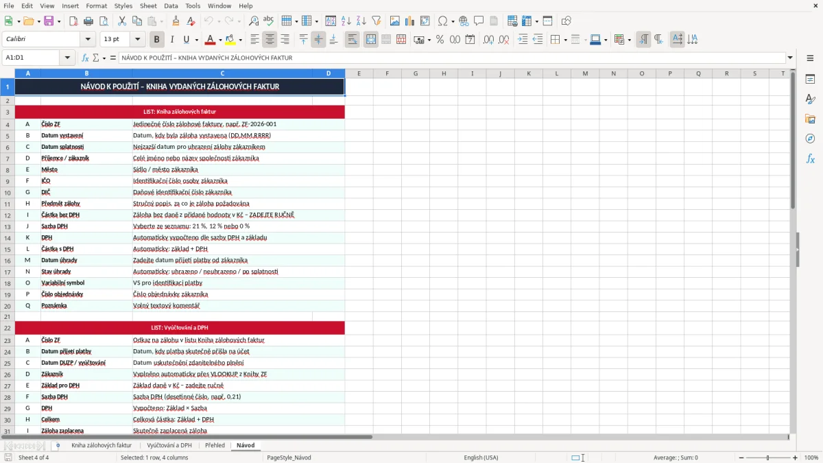 Snímek obrazovky 4: list Návod - Excelová šablona kniha vydaných zálohových faktur excel šablona