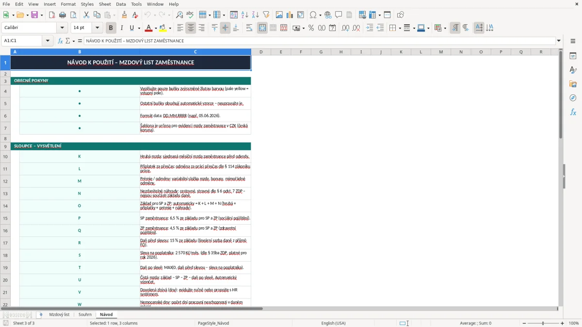Snímek obrazovky 3: list Návod - Excelová šablona mzdový list zaměstnance excel šablona