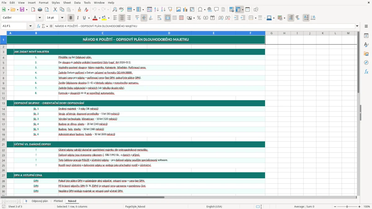 Skärmbild 3: fliken Návod - Excelmall odpisový plán dlouhodobého majetku excel šablona