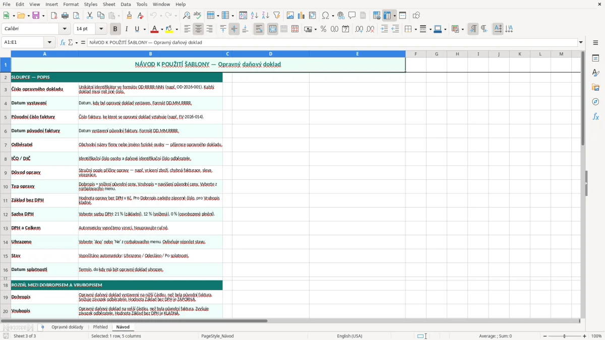 Snímek obrazovky 3: list Návod - Excelová šablona opravný daňový doklad excel šablona