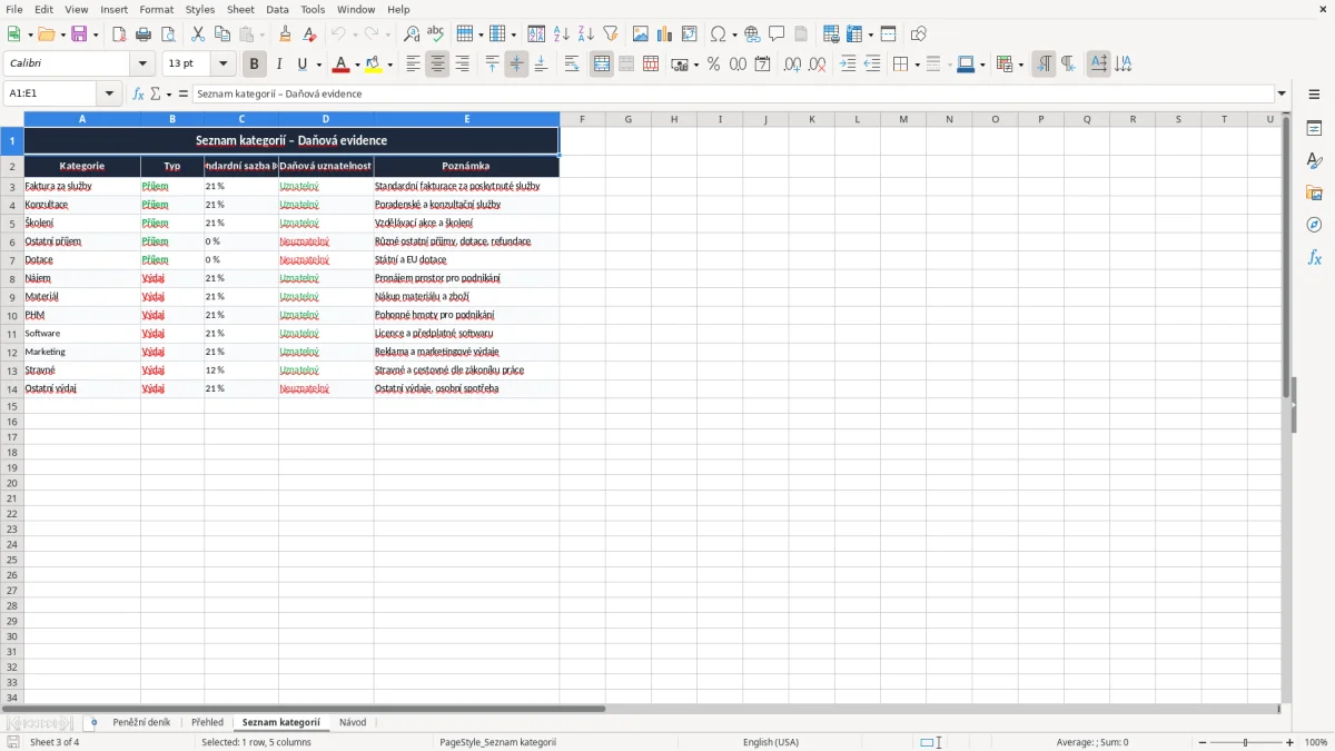 Snímek obrazovky 3: list Seznam kategorií - Excelová šablona peněžní deník daňové evidence excel šablona