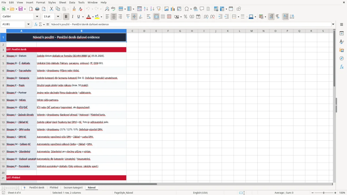 Snímek obrazovky 4: list Návod - Excelová šablona peněžní deník daňové evidence excel šablona