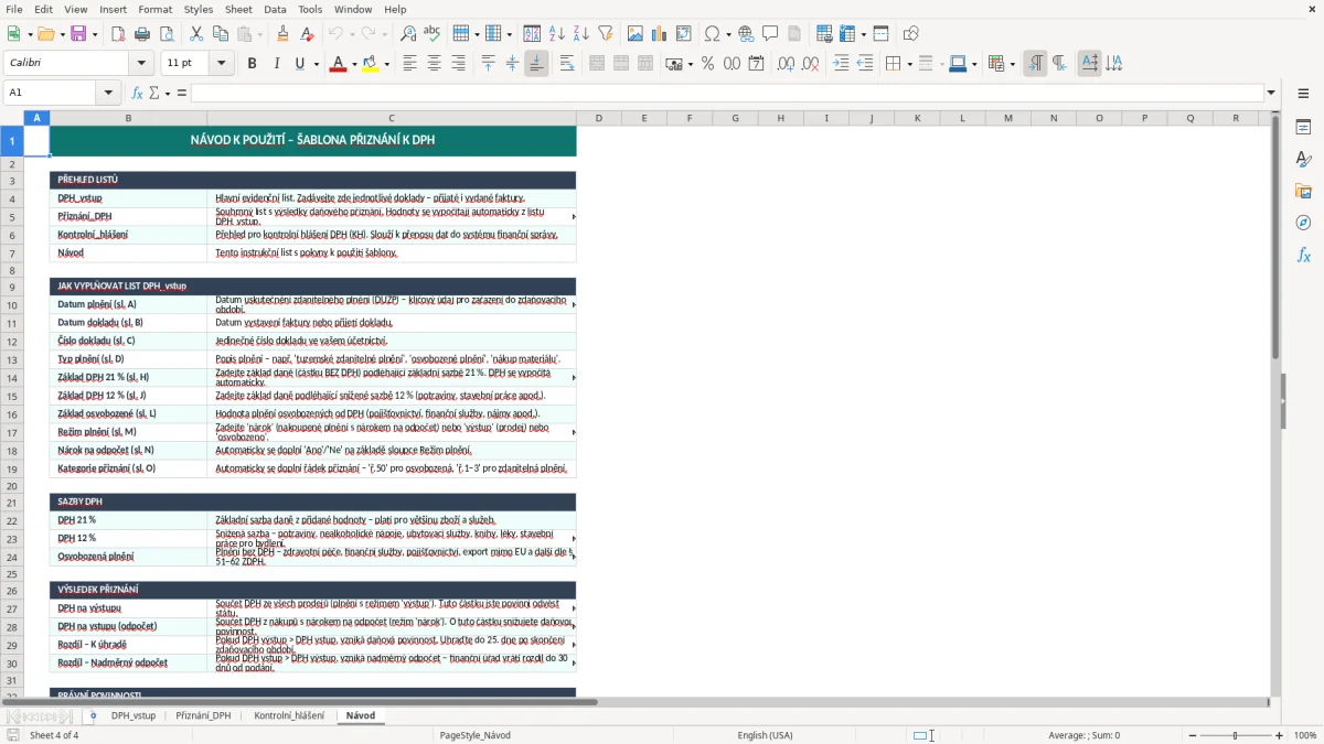 Snímek obrazovky 4: list Návod - Excelová šablona přiznání k dph excel šablona