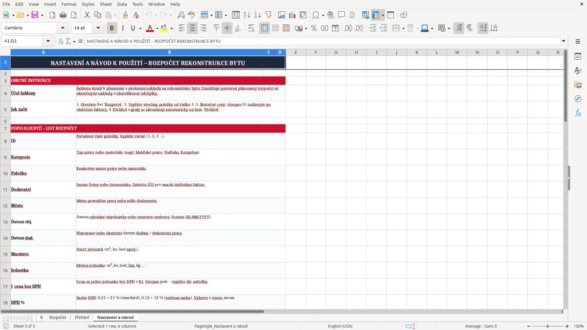 Snímek obrazovky 3: list Nastavení a návod - Excelová šablona rozpočet rekonstrukce bytu excel šablona