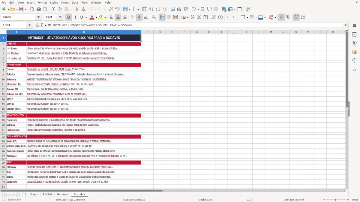 Snímek obrazovky 4: list Instrukce - Excelová šablona soupis prací a dodávek excel šablona