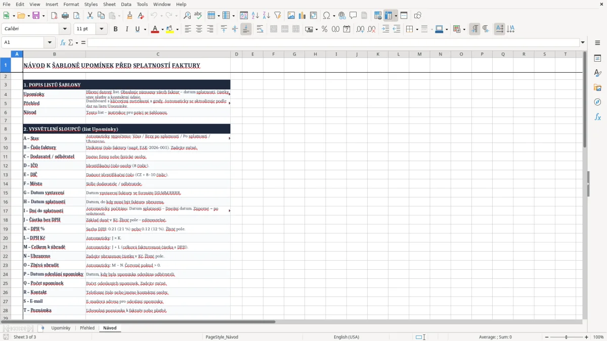 Snímek obrazovky 3: list Návod - Excelová šablona upomínka před splatností faktury excel šablona