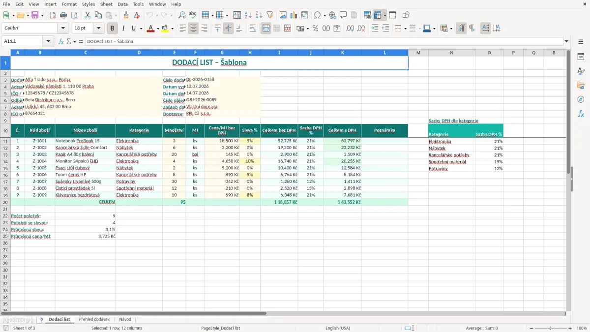 Snímek obrazovky 1: list Dodací list - Excelová šablona dodací list excel šablona