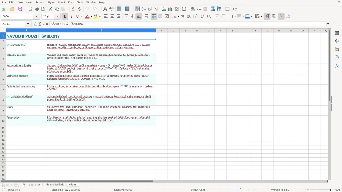 Snímek obrazovky 3: list Návod - Excelová šablona dodací list excel šablona