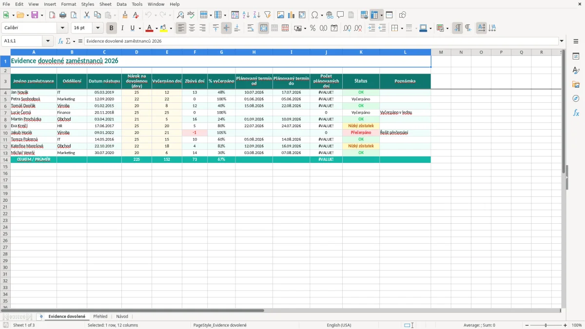 Snímek obrazovky 1: list Evidence dovolené - Excelová šablona evidence dovolené zaměstnanců excel šablona