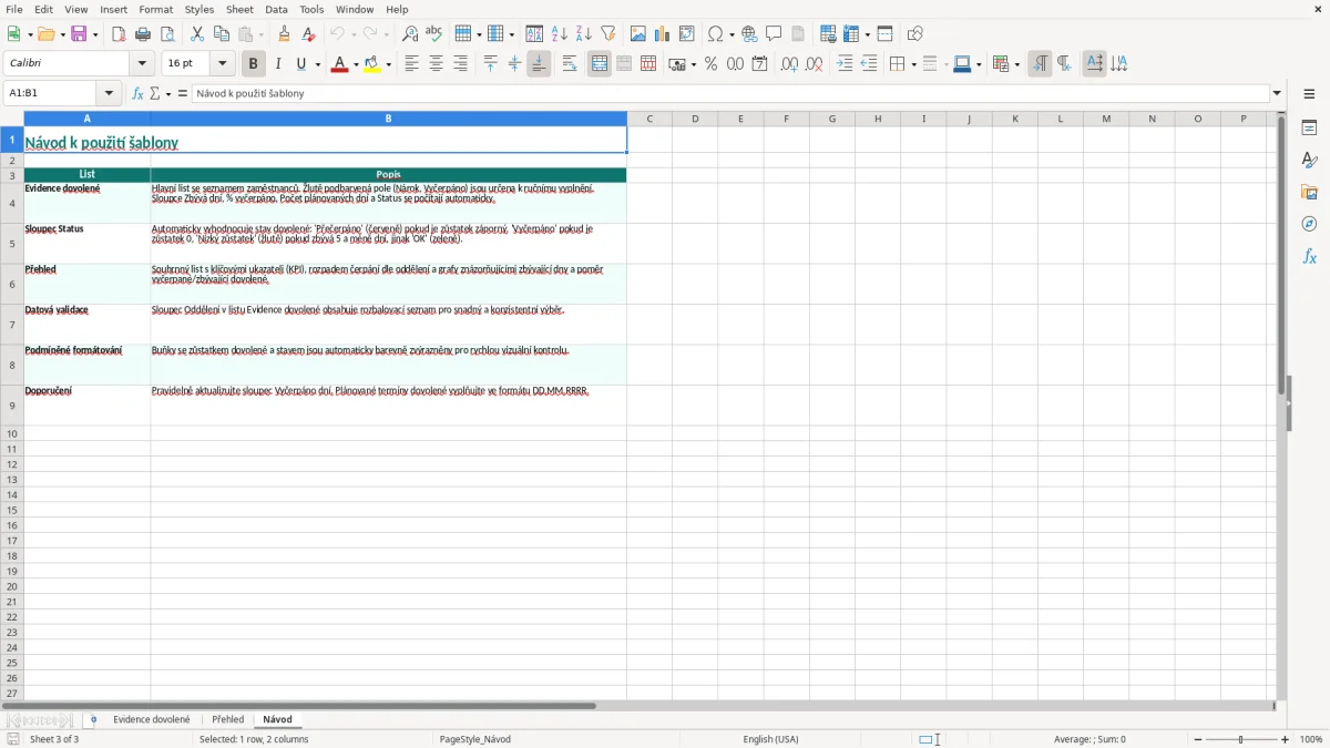 Snímek obrazovky 3: list Návod - Excelová šablona evidence dovolené zaměstnanců excel šablona