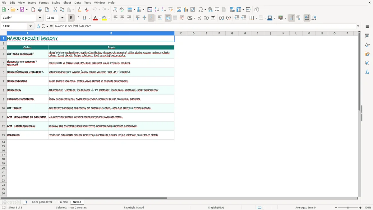 Snímek obrazovky 3: list Návod - Excelová šablona kniha pohledávek excel šablona