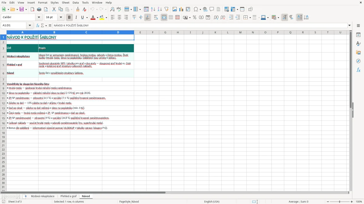 Snímek obrazovky 3: list Návod - Excelová šablona mzdová rekapitulace excel šablona