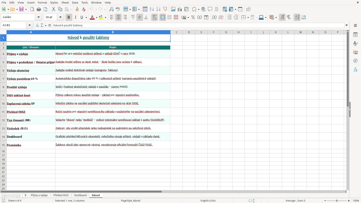 Snímek obrazovky 4: list Návod - Excelová šablona přehled o příjmech a výdajích ossz excel šablona