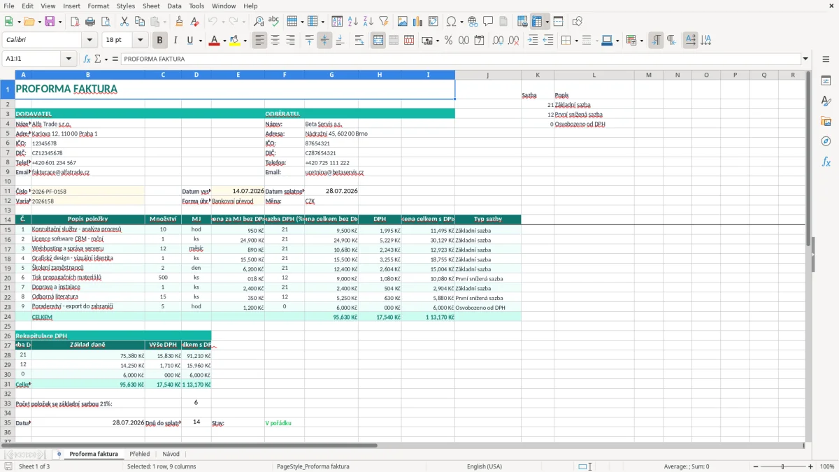 Snímek obrazovky 1: list Proforma faktura - Excelová šablona proforma faktura excel šablona