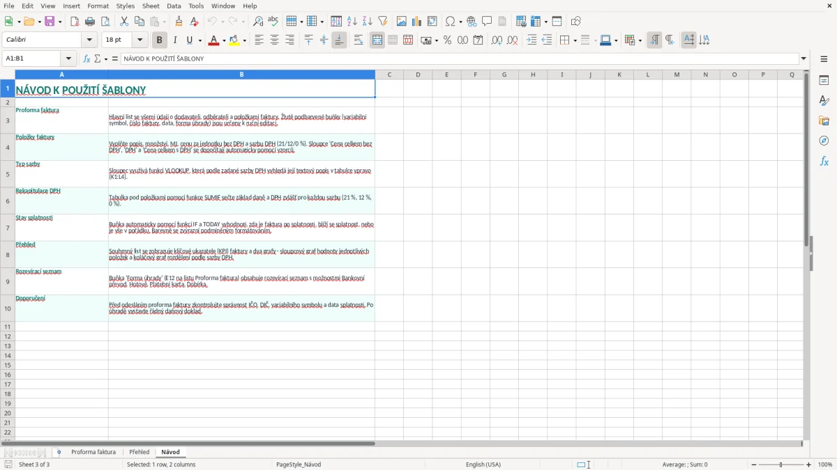 Snímek obrazovky 3: list Návod - Excelová šablona proforma faktura excel šablona