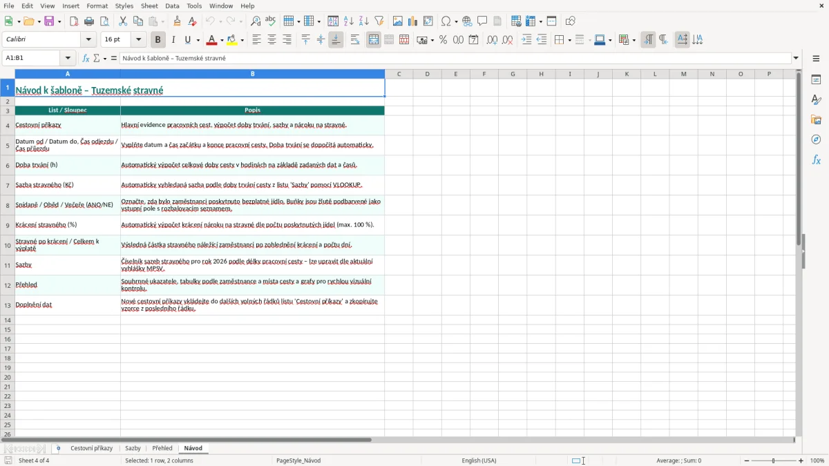 Snímek obrazovky 4: list Návod - Excelová šablona stravné tuzemsko excel šablona