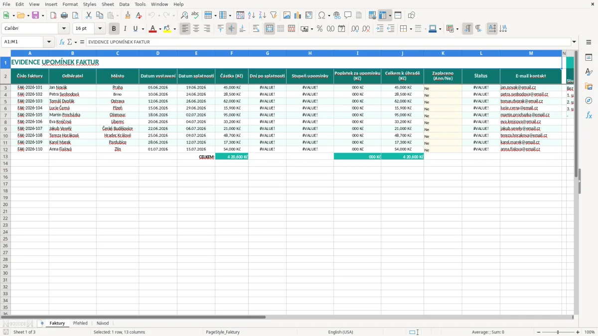 Snímek obrazovky 1: list Faktury - Excelová šablona upomínka faktury excel šablona