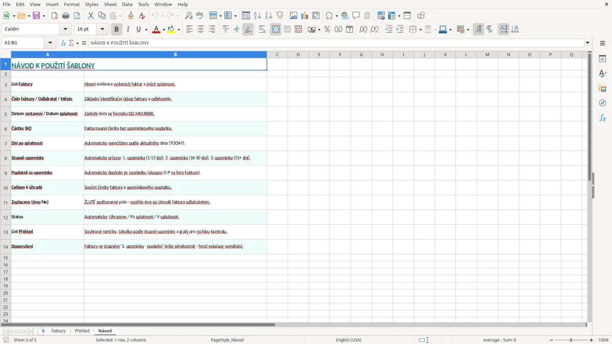 Snímek obrazovky 3: list Návod - Excelová šablona upomínka faktury excel šablona