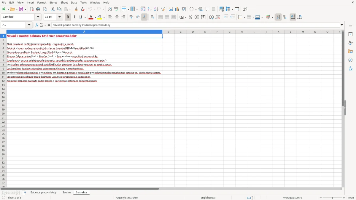 Snímek obrazovky 3: list Instrukce - Excelová šablona evidence pracovní doby excel šablona