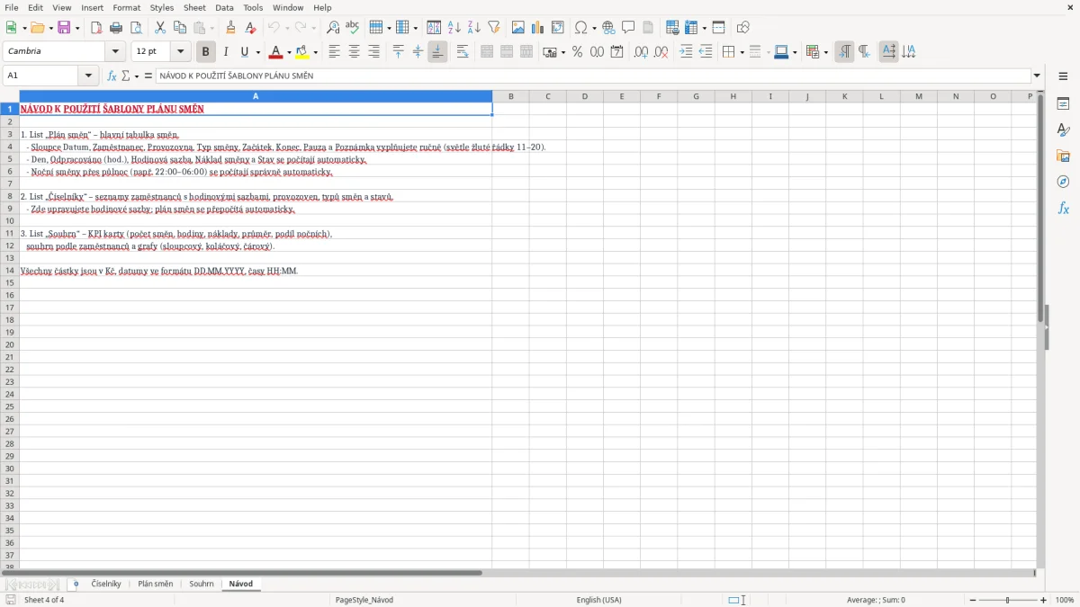 Snímek obrazovky 4: list Návod - Excelová šablona plán směn excel šablona