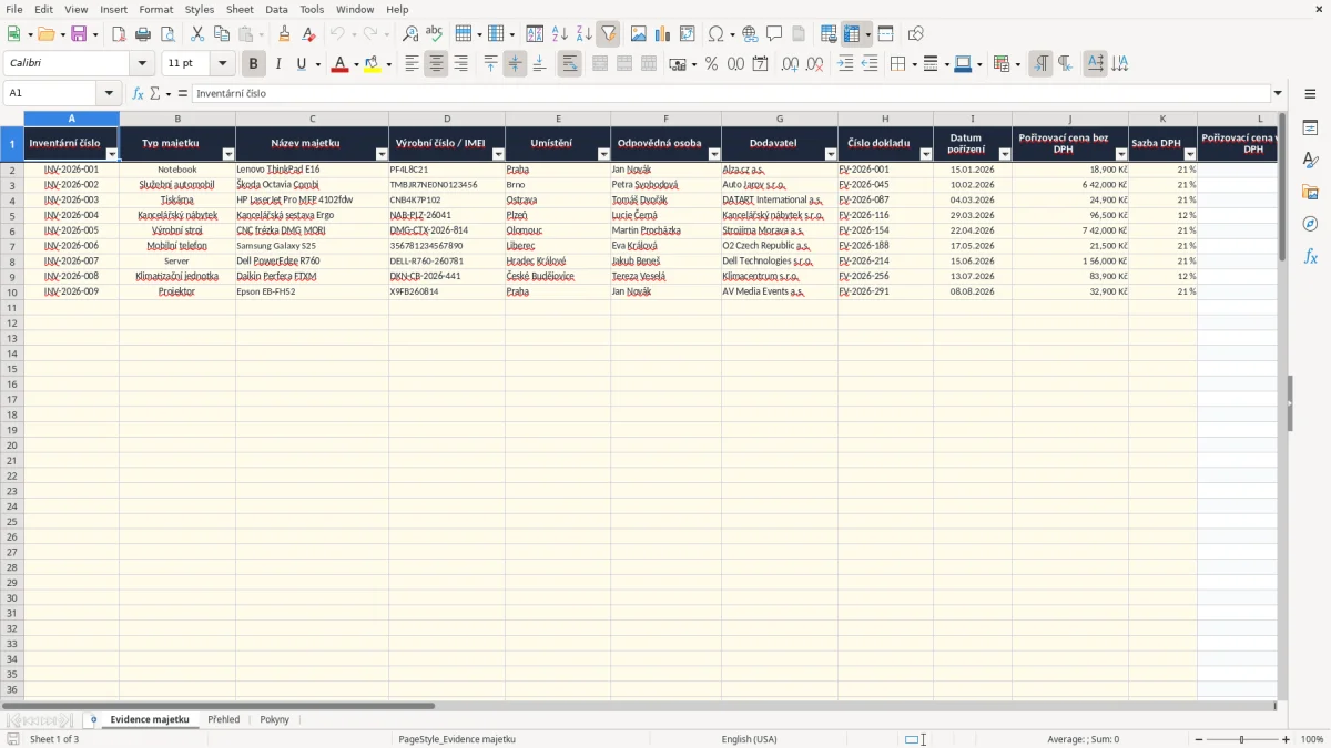 Snímek obrazovky 1: list Evidence majetku - Excelová šablona evidence majetku excel šablona
