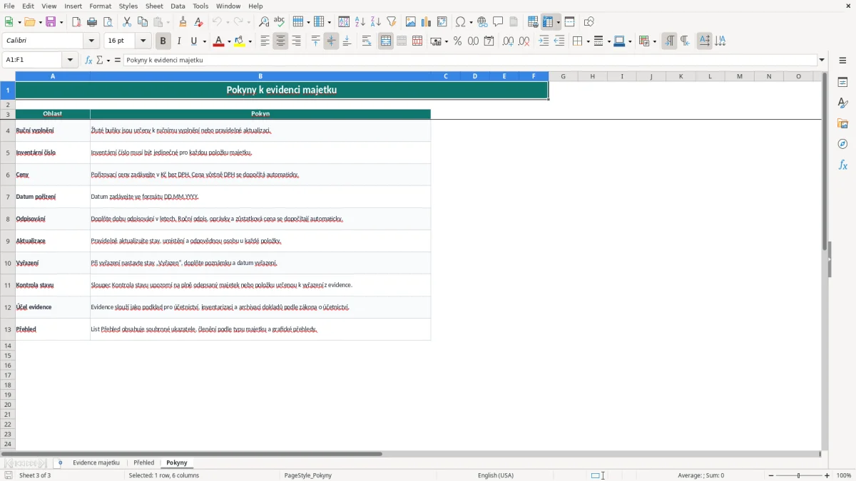 Snímek obrazovky 3: list Pokyny - Excelová šablona evidence majetku excel šablona