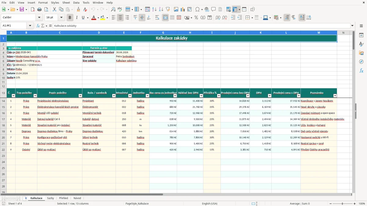 Snímek obrazovky 1: list Kalkulace - Excelová šablona kalkulace zakázky excel šablona