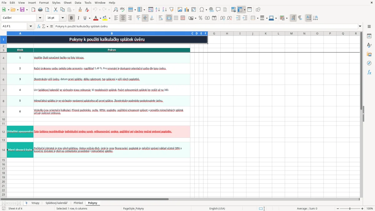 Snímek obrazovky 4: list Pokyny - Excelová šablona kalkulačka splátek úvěru excel šablona