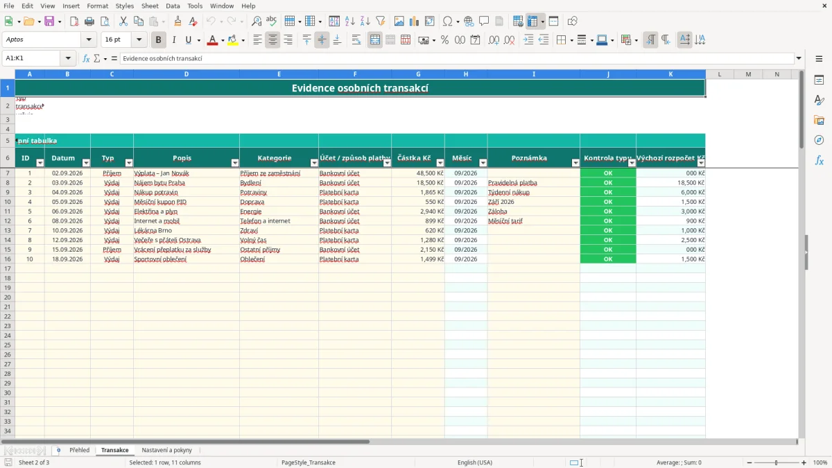 Snímek obrazovky 2: list Transakce - Excelová šablona osobní finanční plán excel šablona