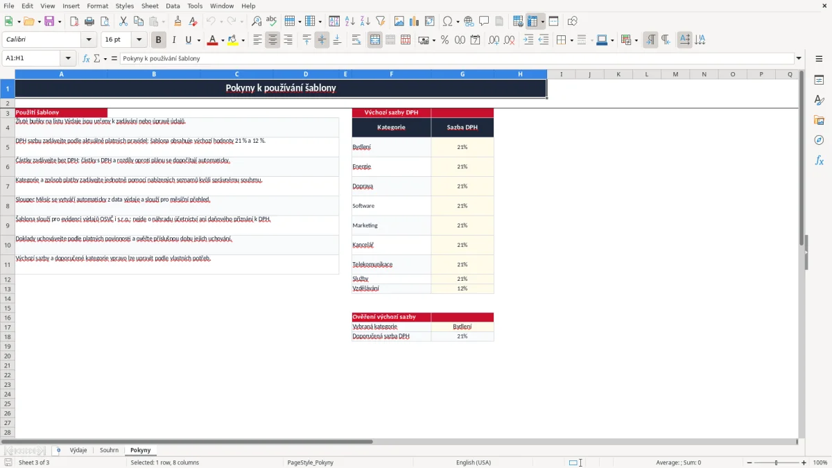 Snímek obrazovky 3: list Pokyny - Excelová šablona přehled měsíčních výdajů excel šablona