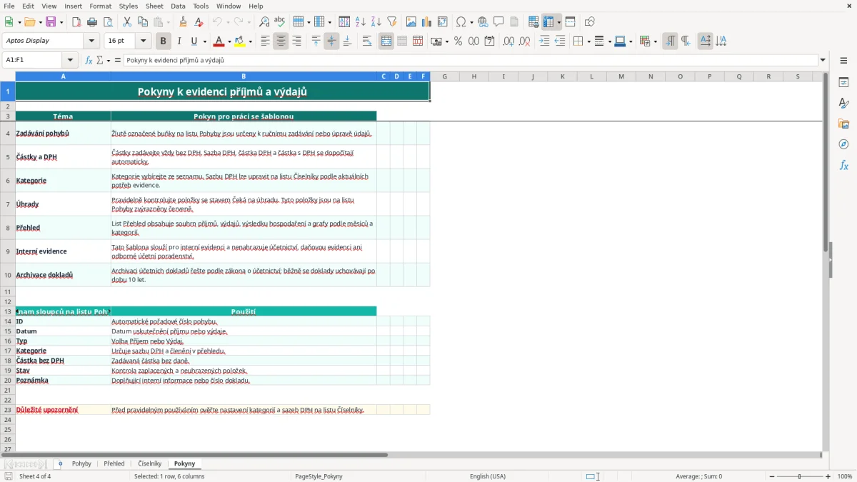 Snímek obrazovky 4: list Pokyny - Excelová šablona přehled příjmů a výdajů excel šablona