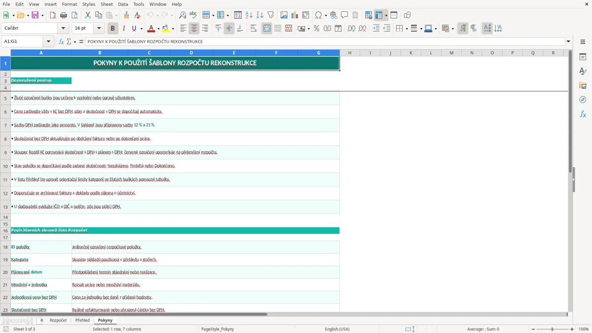 Snímek obrazovky 3: list Pokyny - Excelová šablona rozpočet rekonstrukce excel šablona