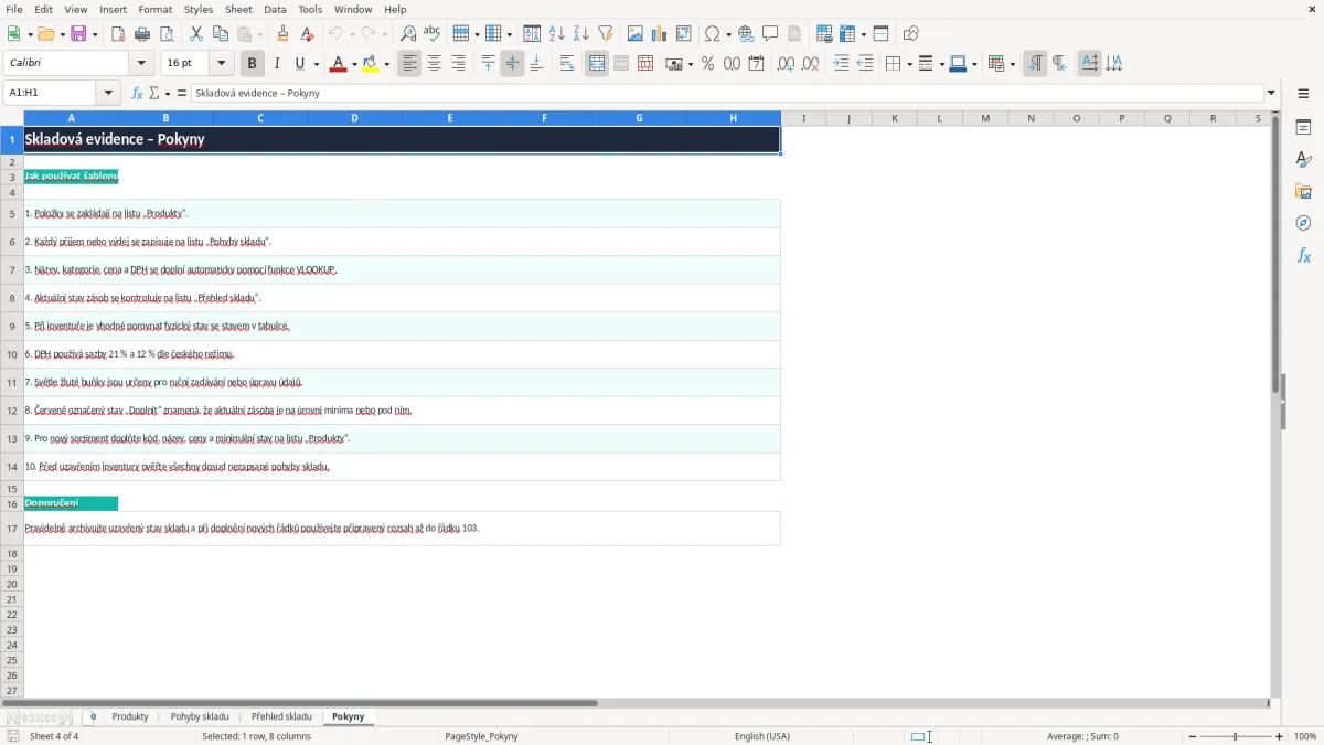 Snímek obrazovky 4: list Pokyny - Excelová šablona skladová evidence excel šablona