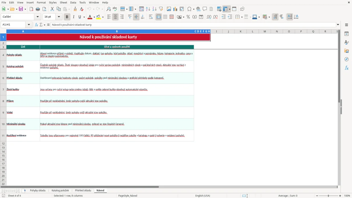 Snímek obrazovky 4: list Návod - Excelová šablona skladová karta excel šablona