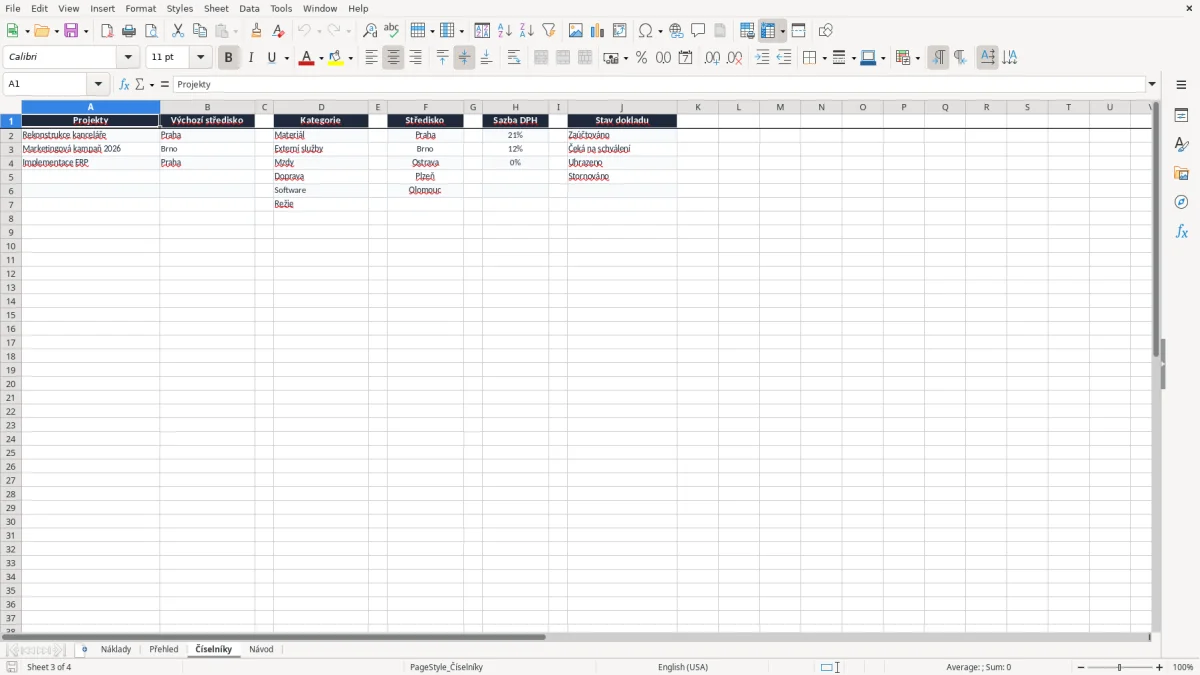 Snímek obrazovky 3: list Číselníky - Excelová šablona sledování nákladů projektu excel šablona