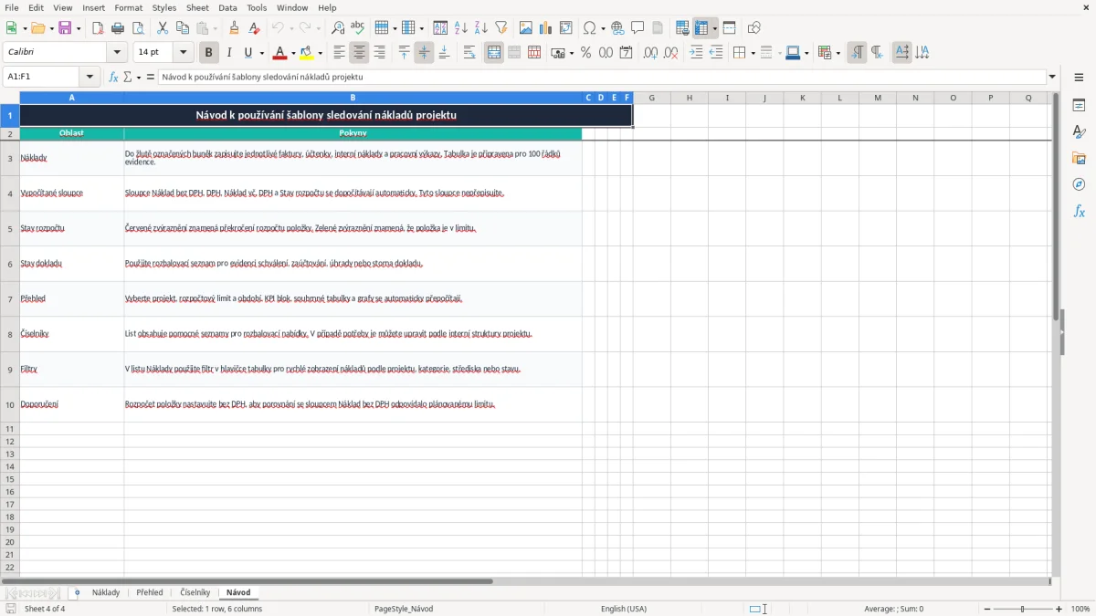 Snímek obrazovky 4: list Návod - Excelová šablona sledování nákladů projektu excel šablona
